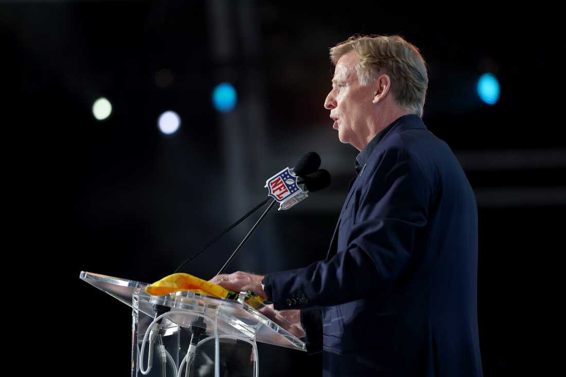 NFL Commissioner Roger Goodell speaks during Round One of the 2026 NFL Draft at Acrisure Stadium on April 23, 2026 in Pittsburgh, Penn.