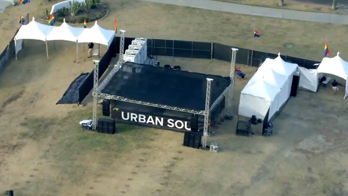 An aerial view of the empty grounds of the Long Beach Pride Festival.