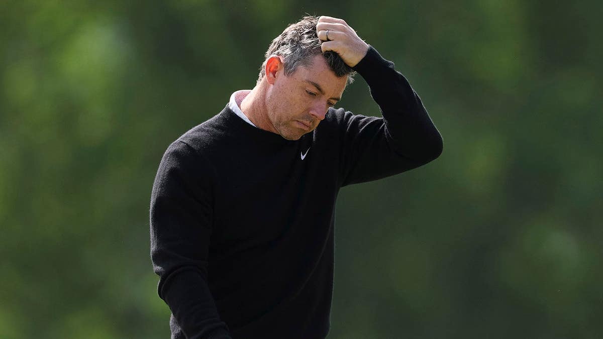 Rory McIlroy reacting during the first round at Aronimink Golf Club in Newtown, Pennsylvania