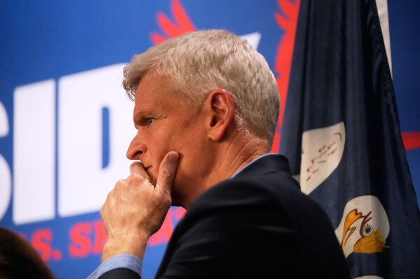 U.S. Sen. Bill Cassidy, R-La., greets supporters at a campaign stop at Drago's Restaurant Tuesday, May 5, 2026, in Metairie, La. (AP Photo/Gerald Herbert)