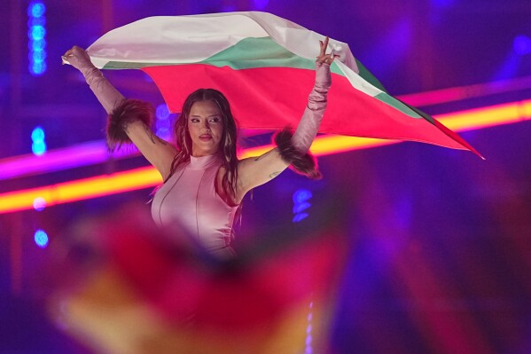 Dara from Bulgaria arrives on stage for the Grand Final of the 70th Eurovision Song Contest in Vienna, Austria, Saturday, May 16, 2026. (AP Photo/Martin Meissner)