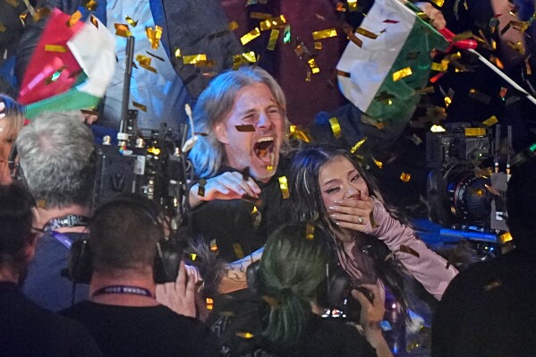 Dara from Bulgaria celebrates after winning the Grand Final of the 70th Eurovision Song Contest in Vienna, Austria, Sunday, May 17, 2026. (AP Photo/Martin Meissner)