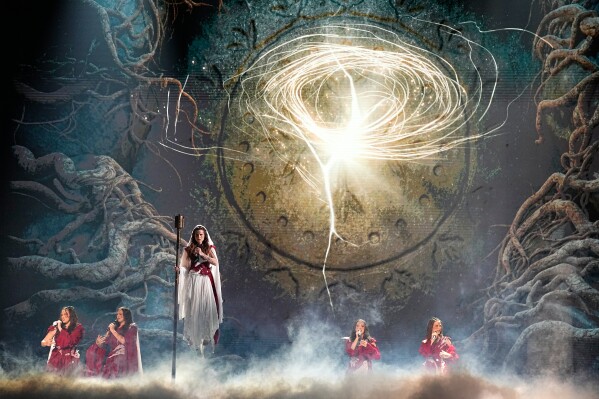 Lelek from Croatia performs the song "Andromeda" during the Grand Final of the 70th Eurovision Song Contest in Vienna, Austria, Saturday, May 16, 2026. (AP Photo/Martin Meissner)