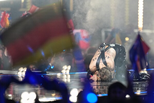 Jonas Lovv from Norway performs the song "YA YA YA" during the Grand Final of the 70th Eurovision Song Contest in Vienna, Austria, Saturday, May 16, 2026. (AP Photo/Martin Meissner)