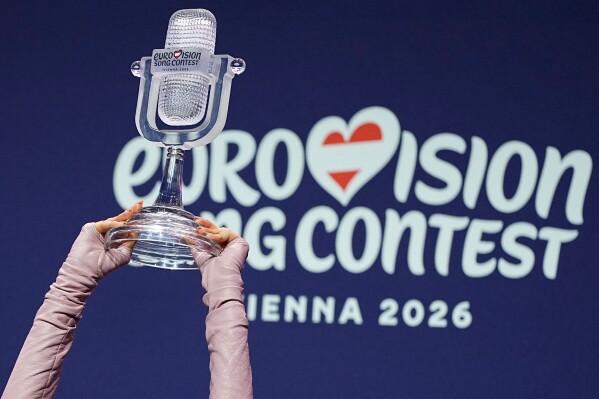 Dara from Bulgaria attends a press conference with the trophy after winning the Grand Final of the 70th Eurovision Song Contest in Vienna, Austria, Sunday, May 17, 2026, she won with the song "Bangaranga".(AP Photo/Martin Meissner)
