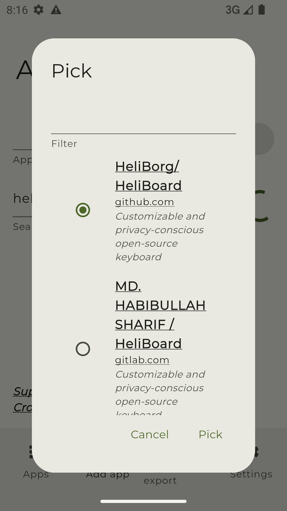 Adding an app to the Obtanium list using the search feature.
