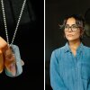 Left: A close up photo of Serrato's hand holding her partner's dog tags. Right: A portrait of Serrato in a doorway. She is wearing an oversized denim shirt with dark pants, she has glasses and her hair is in a ponytail.