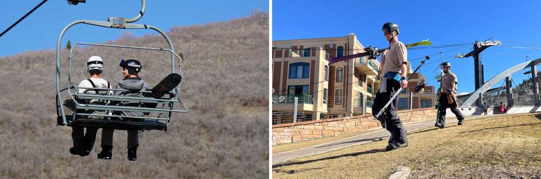 Skiers walk down a snowless hill in Park City, Utah, on March 19, 2026. Utah’s snowpack levels typically peak in early April. A dry winter paired with a warm spring meant Utah’s meager snow cover melted away several weeks ahead of normal this year.
