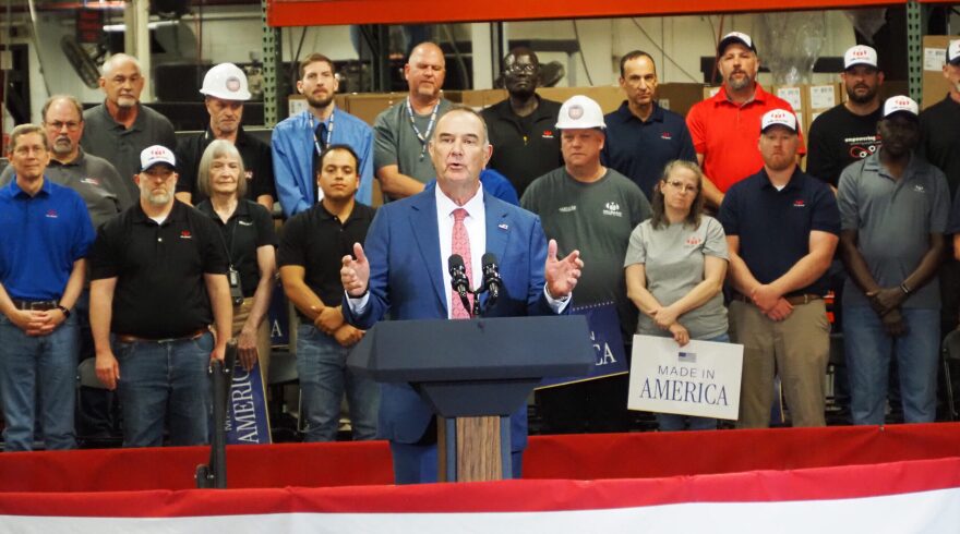 Missouri Gov. Mike Kehoe spoke at Milbank Manufacturing on May 18, 2026, before Vice President JD Vance took the stage to praise Trump administration efforts at supporting the manufacturing industry.