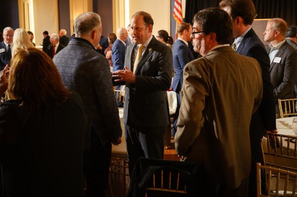 Rep. Andy Barr, R-KY, a Trump-endorsed candidate for the U.S. Senate, speaks to guests of the Kenton County Republican Party Lincoln Day Dinner, Thursday, April 30, 2026, in Covington, Ky. (AP Photo/Jon Cherry)