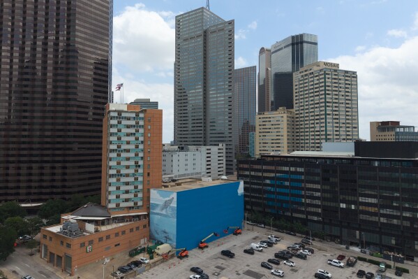 A mural, known as the "Whaling Wall 82," created by artist Wyland, is partially visible as it is painted over, Monday, May 18, 2026, in Dallas. (AP Photo/Julio Cortez) CORRECTION: Corrects to mural being painted over