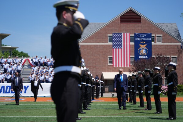 President Donald Trump arrives for the commencement address at the U.S. Coast Guard Academy, in New London, Conn., Wednesday, May 20, 2026. (AP Photo/Jacquelyn Martin)