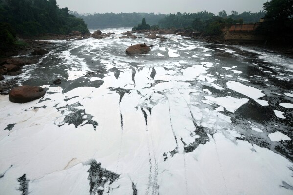 Foam created mostly by untreated household sewage from nearby Sao Paulo covers the surface of the Tiete River in Salto, Brazil, Friday, May 15, 2026. (AP Photo/Andre Penner)