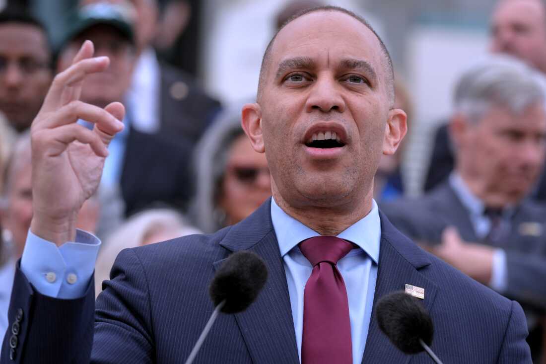 House Minority Leader Hakeem Jeffries, D-N.Y., speaks during a news conference, Thursday, May 21, 2026, on Capitol Hill, in Washington.