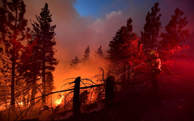 A firefighter directs his hose toward flames amid smoke and trees.