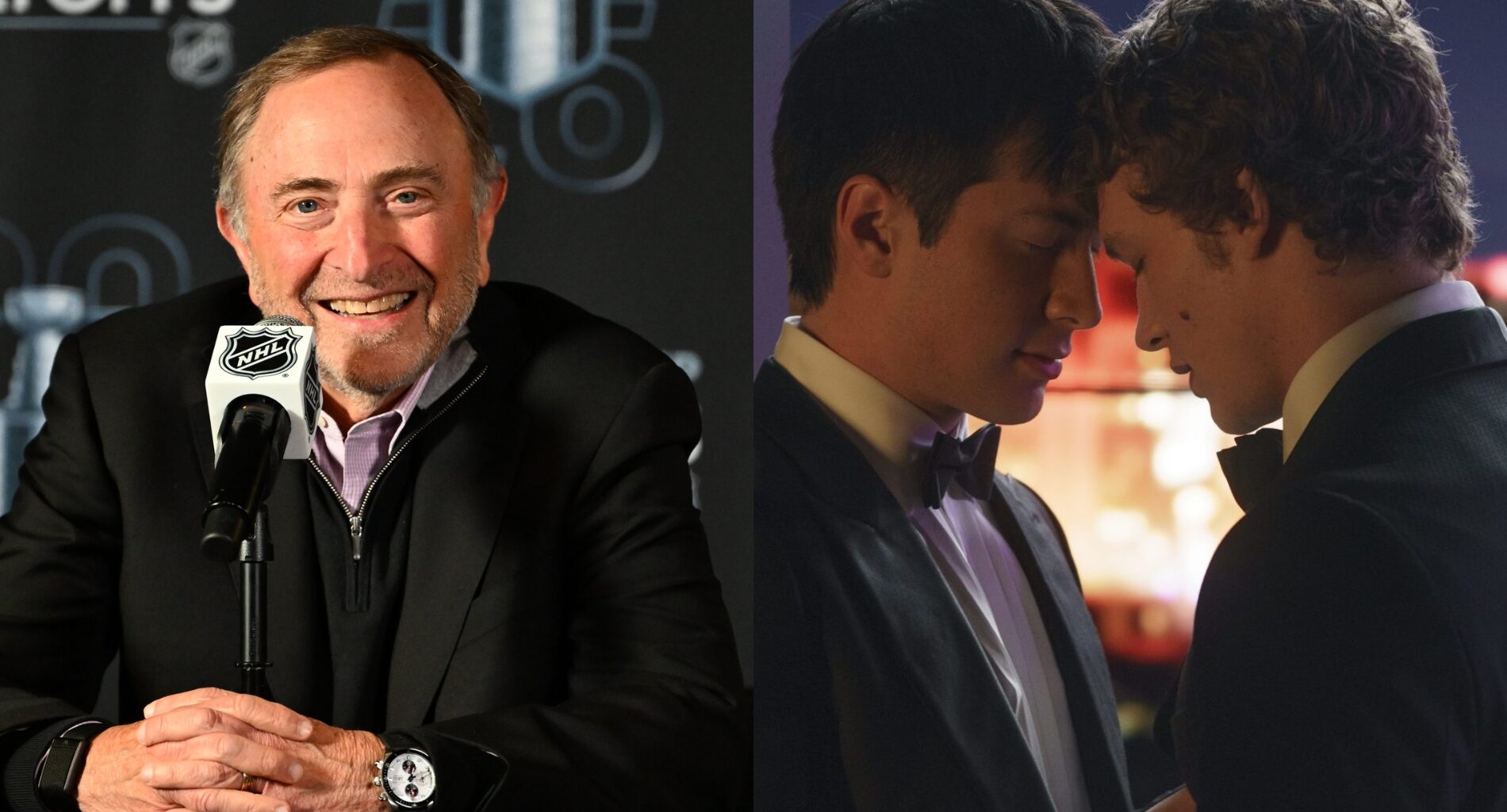 Two images: National Hockey League Commissioner Gary Bettman sat in front of a mic. Heated Rivarly still of Shane Hollander (Hudson Williams) and Ilya Rozanov (Connor Storrie) resting their foreheads together.