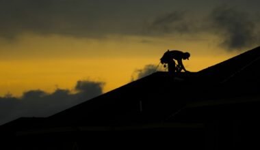 A roofer works on a home under construction as storm clouds begin to break to the west after a thunderstorm in Frisco, Tuesday, May 19, 2026.