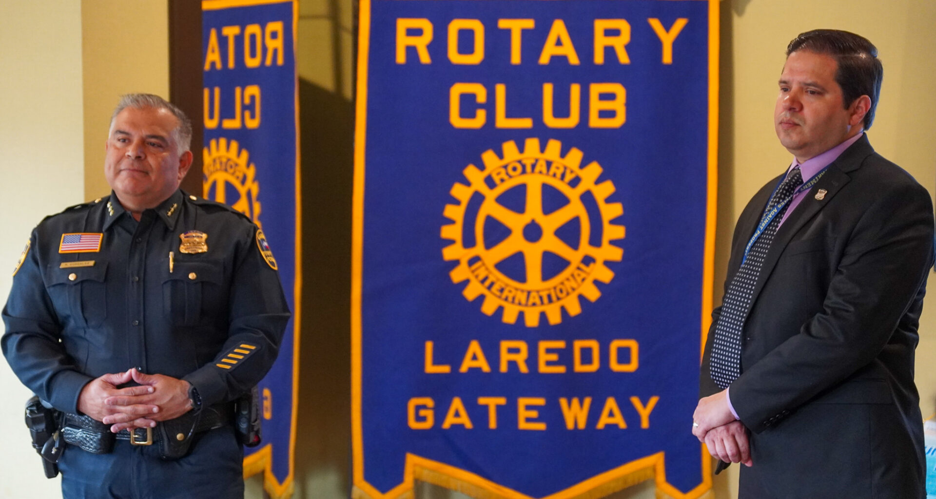Assistant Chief Ricardo Gonzalez and Sgt. Heriberto Avalos of the Laredo Police Department speak during a Laredo Rotary Club meeting Monday, May 18, 2026, at Palenque Grill on San Bernardo Avenue in Laredo, Texas.