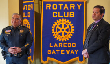 Assistant Chief Ricardo Gonzalez and Sgt. Heriberto Avalos of the Laredo Police Department speak during a Laredo Rotary Club meeting Monday, May 18, 2026, at Palenque Grill on San Bernardo Avenue in Laredo, Texas.