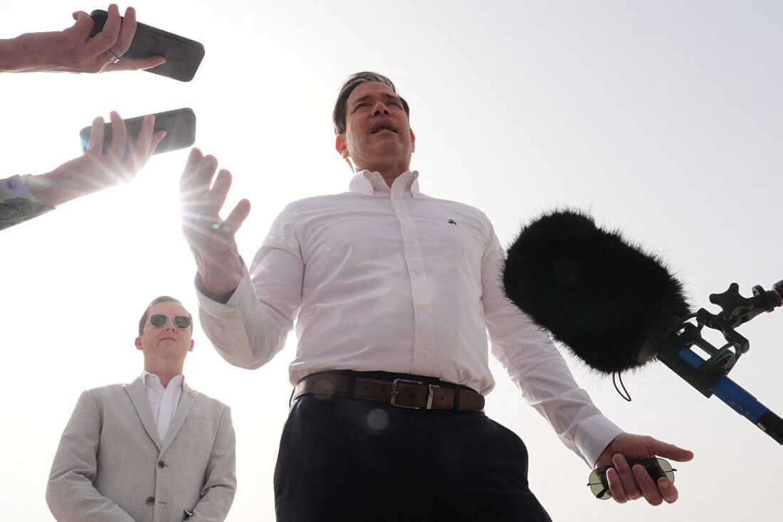 US Secretary of State Marco Rubio speaks to journalists before boarding his plane at Indira Gandhi International Airport in New Delhi on May 25, 2026.
