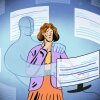 This illustration shows a woman with computer screens orbiting around her. A ghostly figure stands behind her, pointing to something on the screen in front of her.