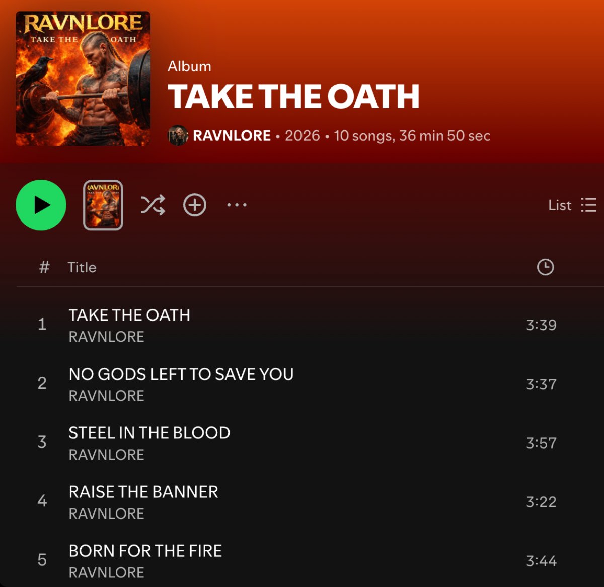 A screenshot of a Spotify page for the AI-generated artist "Ravnlore."