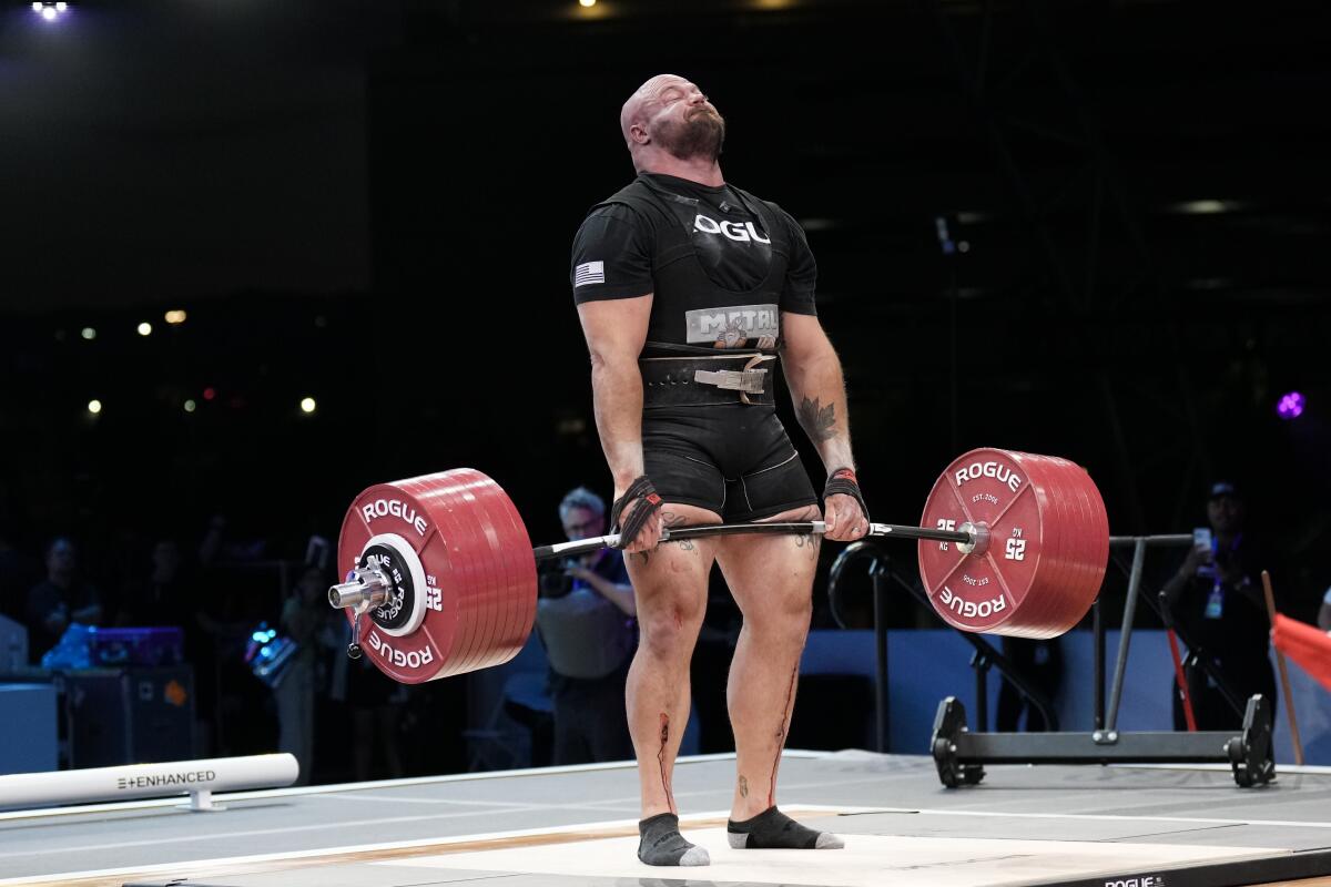 Mitchell Hooper, of Canada, competes in the men's deadlift competition at the Enhanced Games in Las Vegas on Sunday.