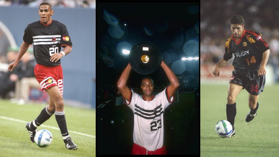 Tonny Sanneh for D.C. United, Eddie Pope for D.C. United, Chris Armas for L.A. Galaxy (Photo Credits: Al Bello/Allsport, Simon Bruty/Allsport, Stephen Dunn/Allsport)