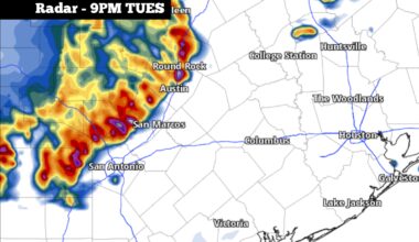 Shown is the future radar at 9 p.m. Tuesday night, as a line of strong to severe thunderstorms approaches San Antonio from the west. 