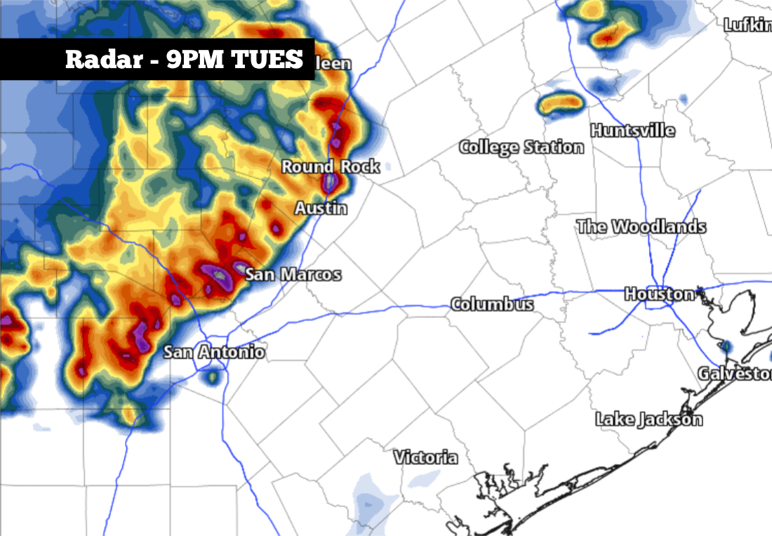 Shown is the future radar at 9 p.m. Tuesday night, as a line of strong to severe thunderstorms approaches San Antonio from the west. 