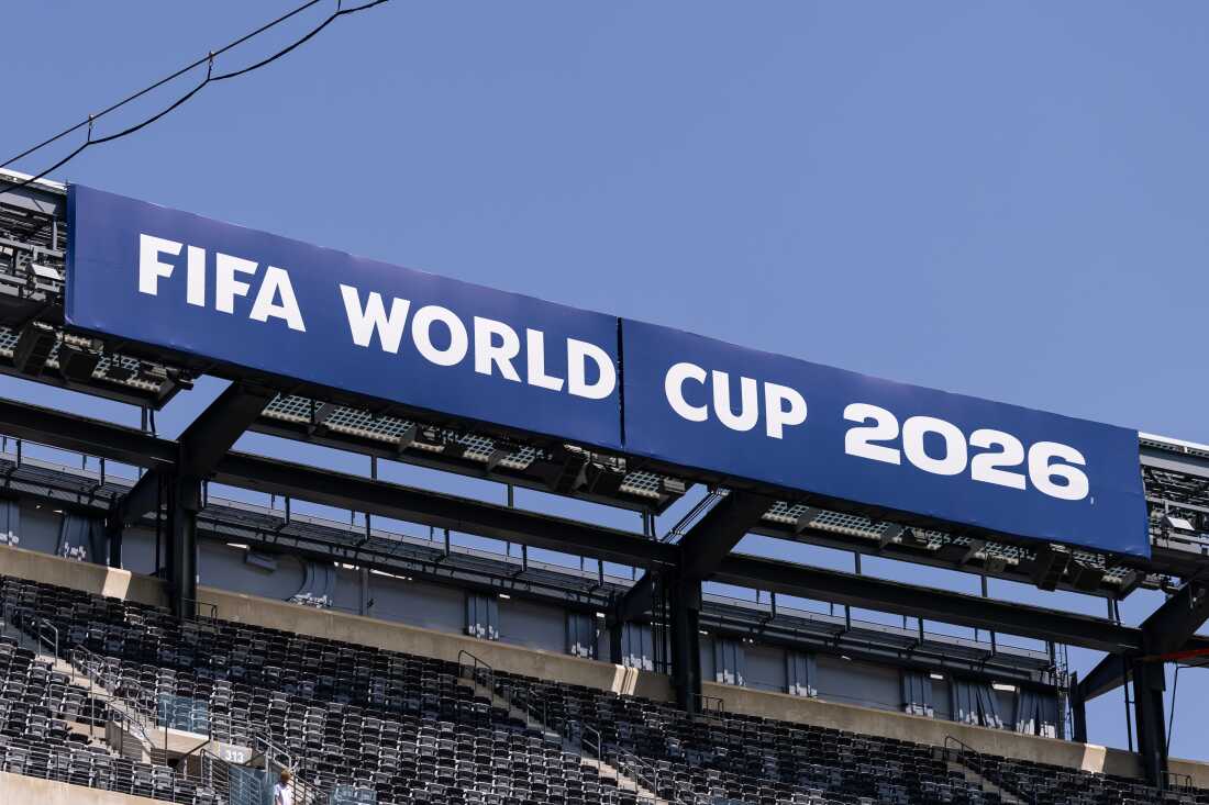 A view of World Cup signage at New York New Jersey Stadium on May 19 in East Rutherford, N.J., one of 11 sites where matches will be played in the U.S.