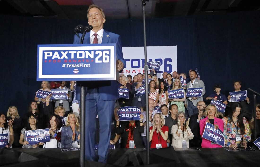 Texas Attorney General Ken Paxton speaks at an election night watch party held by the Lone Star Liberty PAC on Tuesday in Plano, Texas. Paxton defeated Sen. John Cornyn, R-Texas, in a Senate primary runoff election and will face Democrat James Talarico in the November general election.