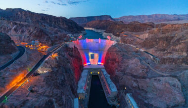 Huge flag draped over Hoover Dam as Lake Mead endures severe drought