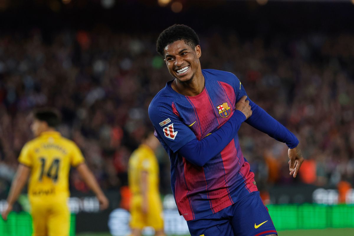 Barcelona's Marcus Rashford celebrates
