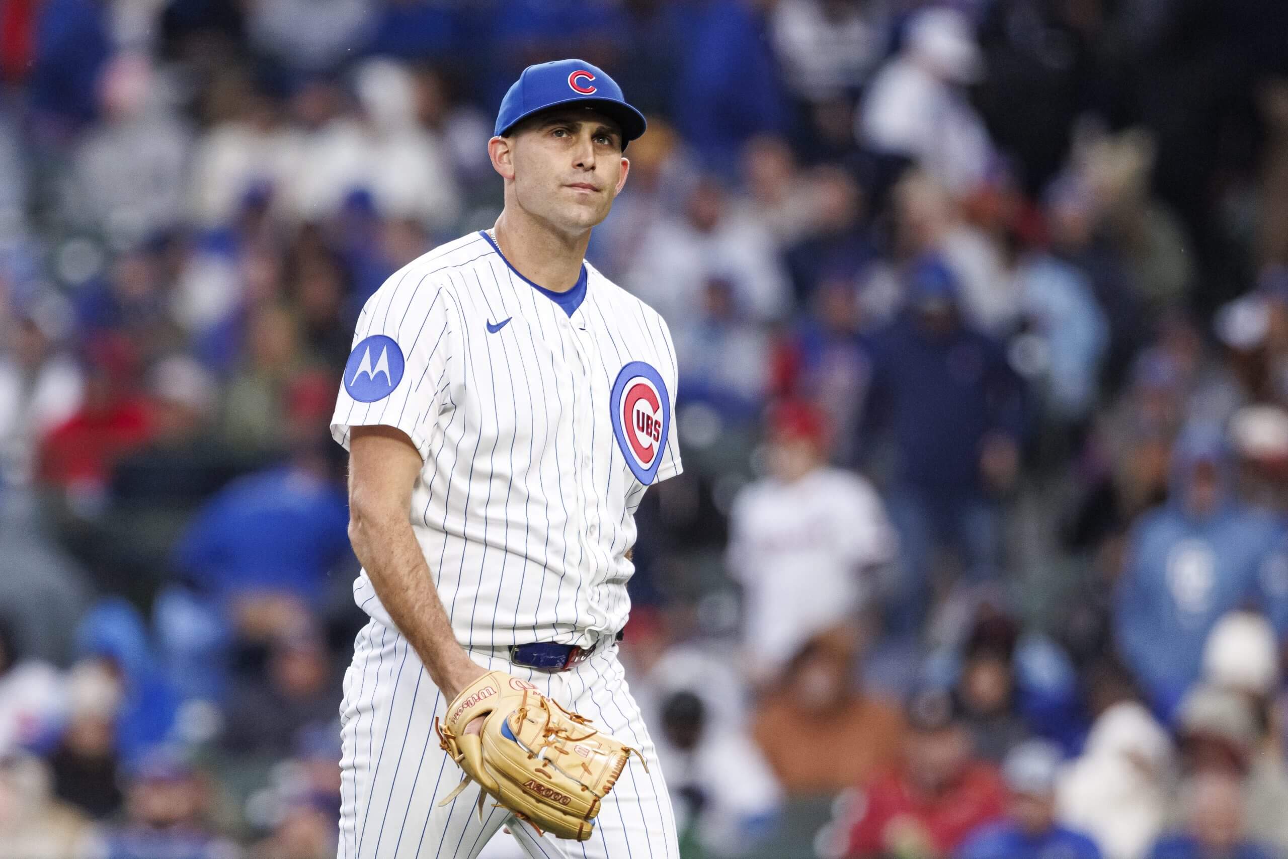 Matthew Boyd of the Chicago Cubs looks on as he exits the game in the fourth inning of a game between the Washington Nationals and the Chicago Cubs on Opening Day at Wrigley Field on March 26, 2026 in Chicago, Illinois.