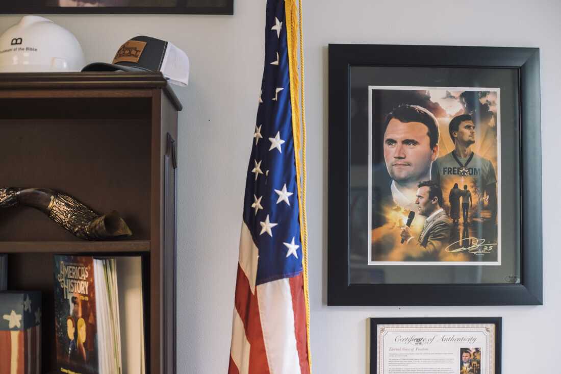 Artwork depicting the late conservative Charlie Kirk is seen in the office of Ohio State Rep. Gary Click, a Republican from the 88th District and a Baptist pastor, poses for a portrait in his office at the Riffe Tower in Columbus, Ohio on February, 24, 2026.