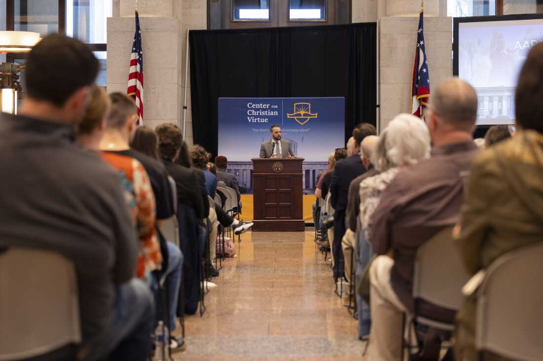 Aaron Baer, President of the Center for Christian Virtue, speaks during “Prayer at the Statehouse”, a quarterly event hosted by the Center for Christian Virtue to pray with lawmakers in the middle of the state capitol in Columbus, O on March 11, 2026.