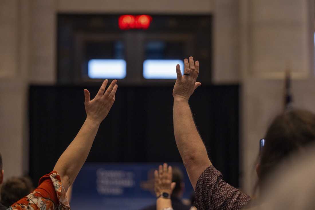People participate in “Prayer at the Statehouse”, a quarterly event hosted by the Center for Christian Virtue to pray with lawmakers in the middle of the state capitol in Columbus, Ohio on March 11, 2026.