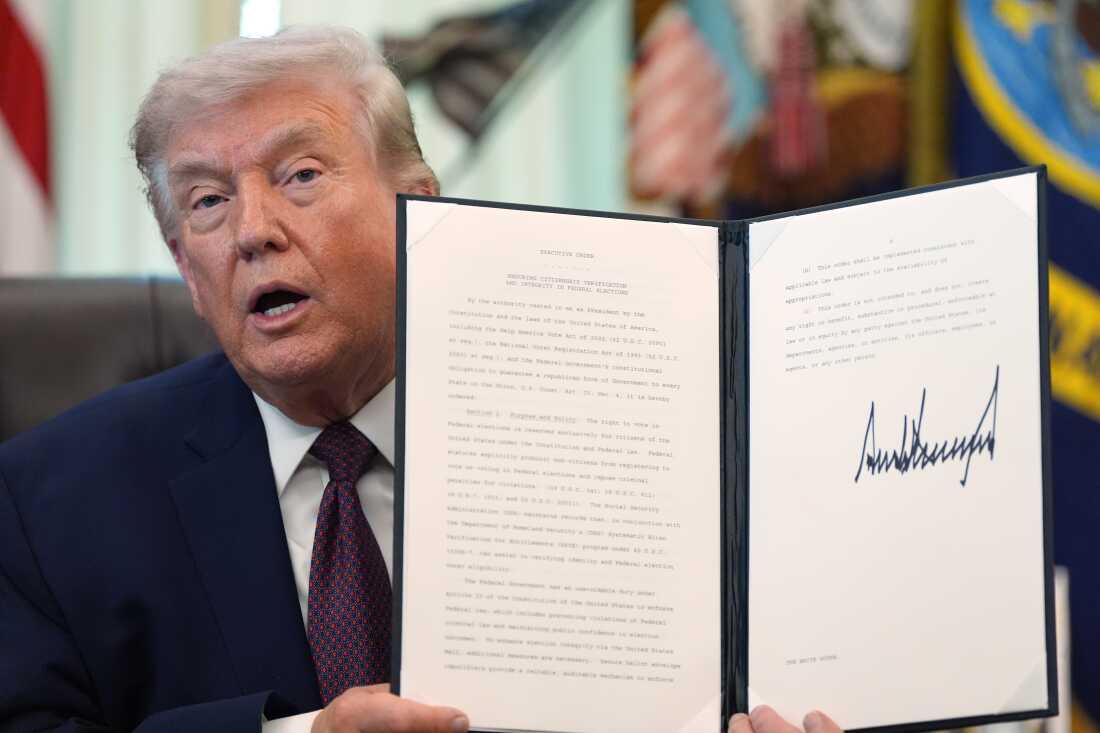 President Trump holds his signed executive order that calls for restricting voting by mail in the White House’s Oval Office in March.
