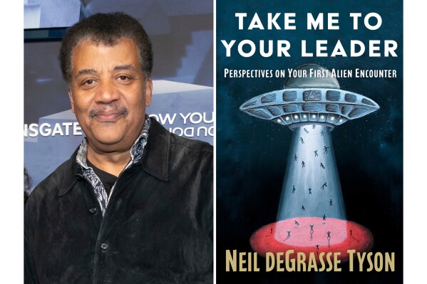 This combination of images shows Neil deGrasse Tyson at a premiere of "Now You See Me: Now You Don't" in New York on Nov. 10, 2025, left, and cover art for his book "Take Me to Your Leader: Perspectives on Your First Alien Encounter." (AP Photo, left, and Simon & Schuster via AP)