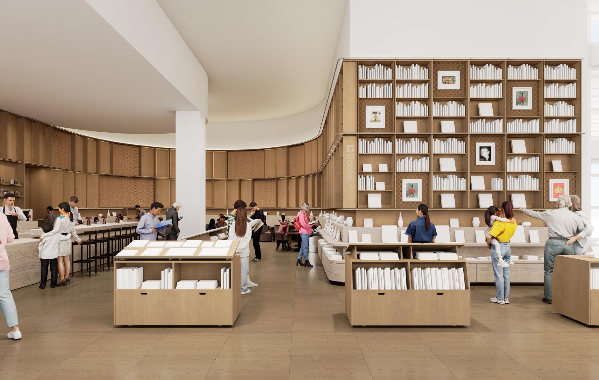 A rendering of a large, airy cafe.