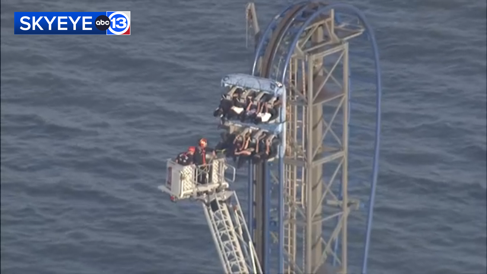 SkyEye13 showed riders being rescued from a stopped roller coaster at Galveston's Pleasure Pier on Thursday afternoon.