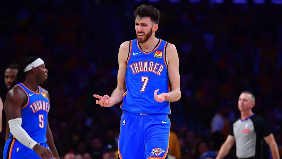 Oklahoma City Thunder center Chet Holmgren (7) reacts after being called for a foul.Gary A&period; Vasquez-Imagn Images
