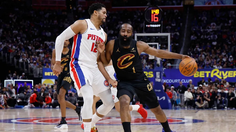 Cleveland Cavaliers guard James Harden (1) dribbles defended by Detroit Pistons forward <a class="link " href="https://sports.yahoo.com/nba/players/4901/" data-i13n="sec:content-canvas;subsec:anchor_text;elm:context_link" data-ylk="slk:Tobias Harris;sec:content-canvas;subsec:anchor_text;elm:context_link;itc:0" data-yga="{"yLinkElement":"context_link","yModuleName":"content-canvas","yLinkText":"Tobias Harris","ySubModuleName":"anchor_text","yHasCommerce":false}">Tobias Harris</a> (12) in the first half during game two of the second round of the 2026 NBA Playoffs.Rick Osentoski-Imagn Images