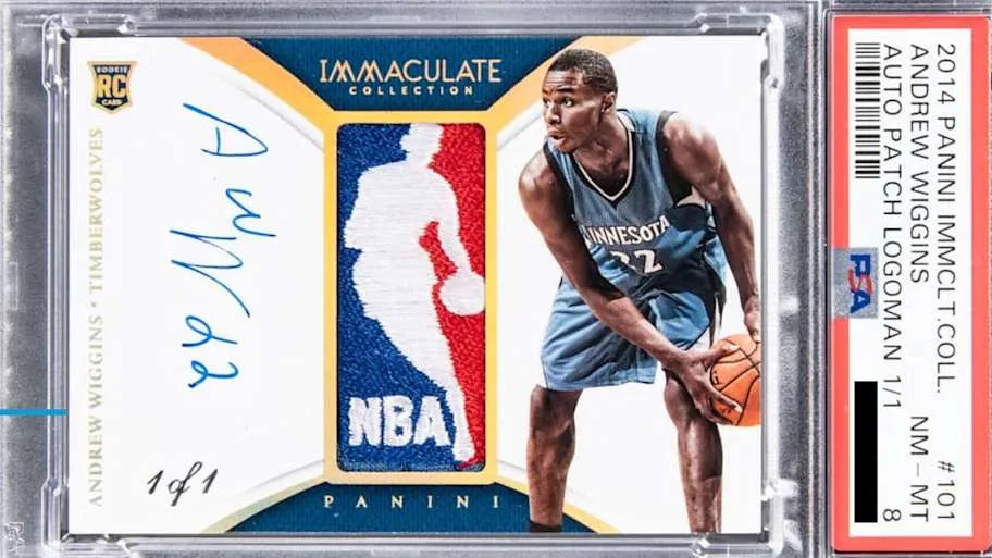 A one-of-one PSA 8 2014-15 Panini Immaculate Collection Rookie Patch Autograph Logoman Andrew Wiggins rookie card