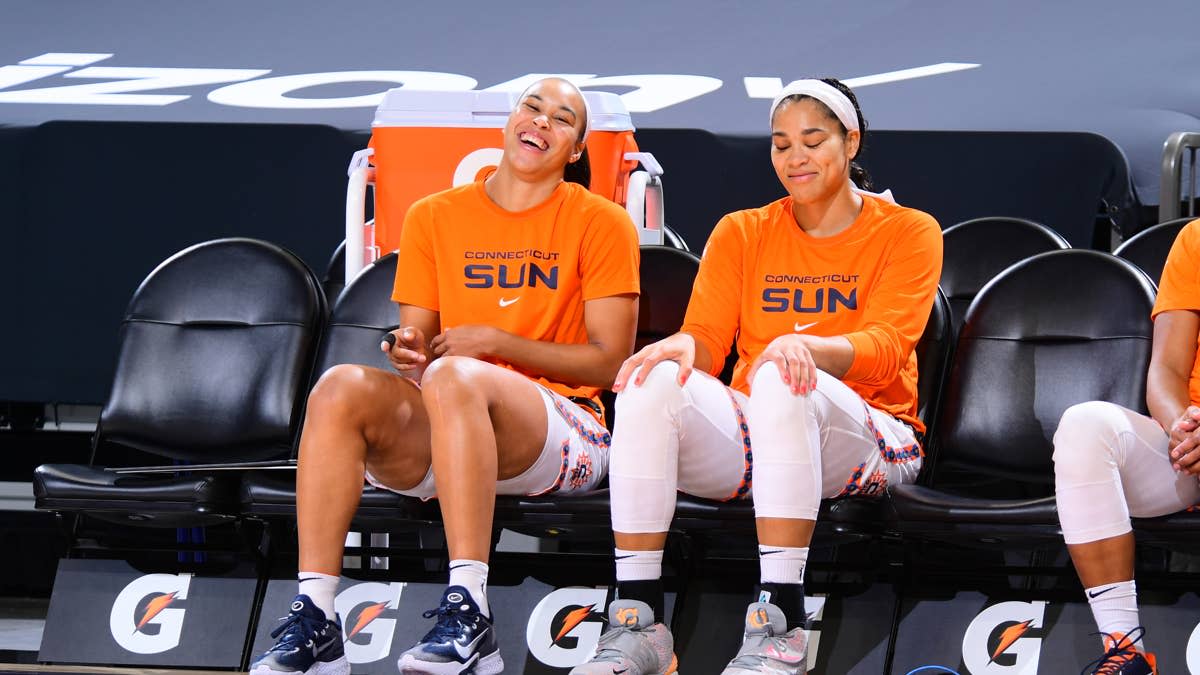 Stephanie Jones, left, and Brionna Jones, seen when they were Connecticut Sun teammates in Phoenix on Sept. 11, 2021, are playing together again with the Atlanta Dream.Michael Gonzales/NBAE via Getty Images