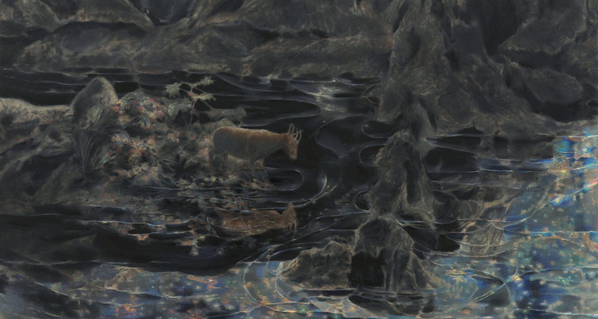 a mixed-media work by Marin Majic of a glimmering pond with a deer looking at its reflection at night