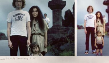Two photos side by side: A man in glasses and a "Working Class Hero" shirt stands next to a woman in a tan dress. A small child stands in front, holding his hand. The background shows large stone lanterns and greenery.