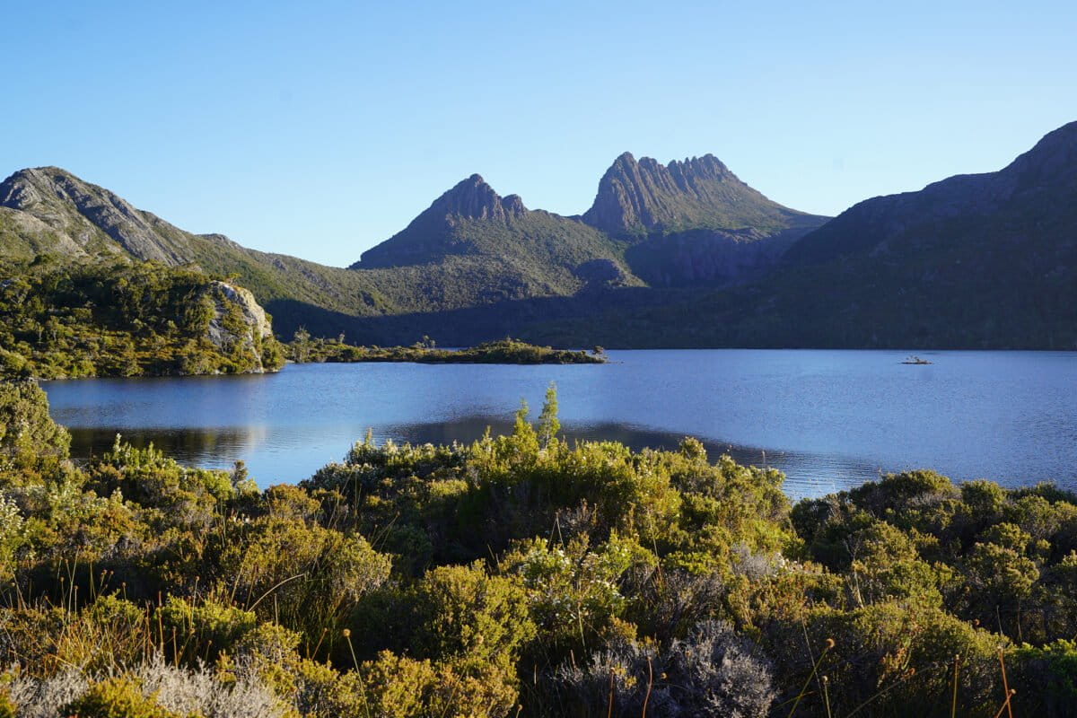 Dove Lake beneath Cradle Mountain in Tasmania’s highlands, where cool, ocean-influenced conditions have helped slow the pace of climate change across the landscape. Image by Stefan Lovgren.