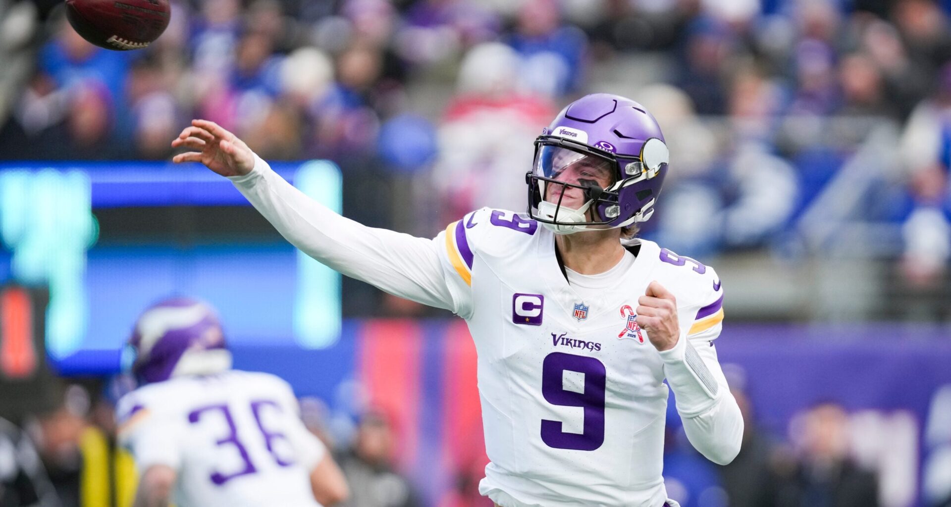 Minnesota Vikings quarterback J.J. McCarthy (9) throws the ball during a game against New York Giants at MetLife Stadium, Dec 21, 2025, East Rutherford, NJ, USA